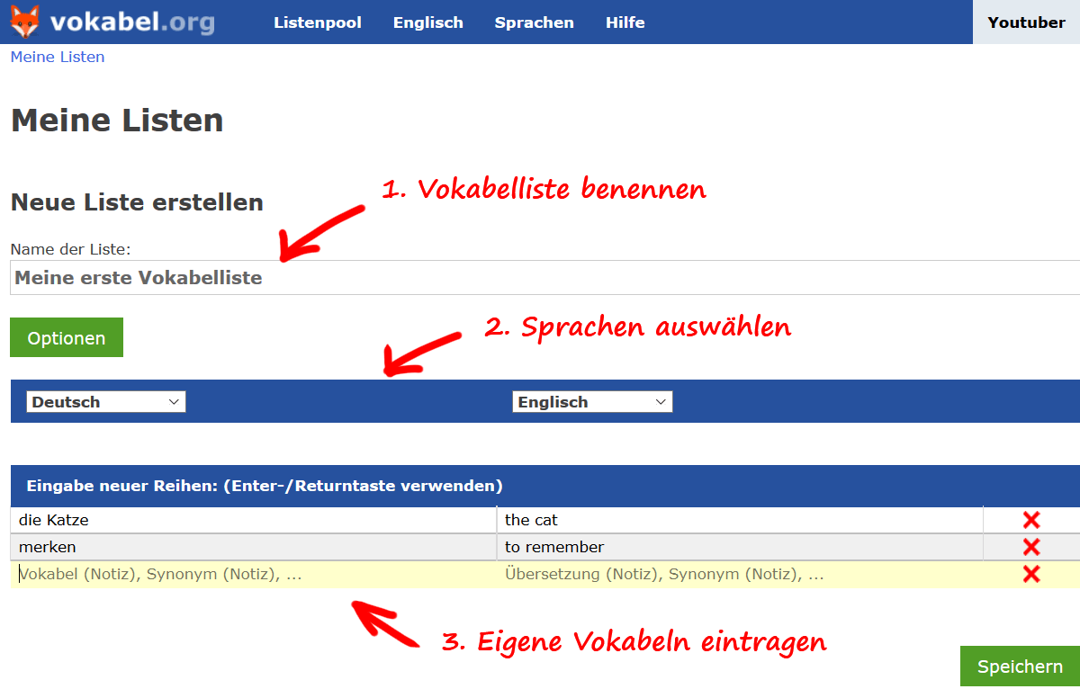 Vokabeltrainer selbst eingeben kostenlos online | eigene Vokabeln lernen online kostenlos